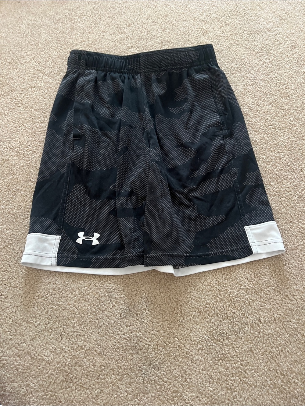 Under Armour Men’s Black Camo Athletic Shorts with White Trim